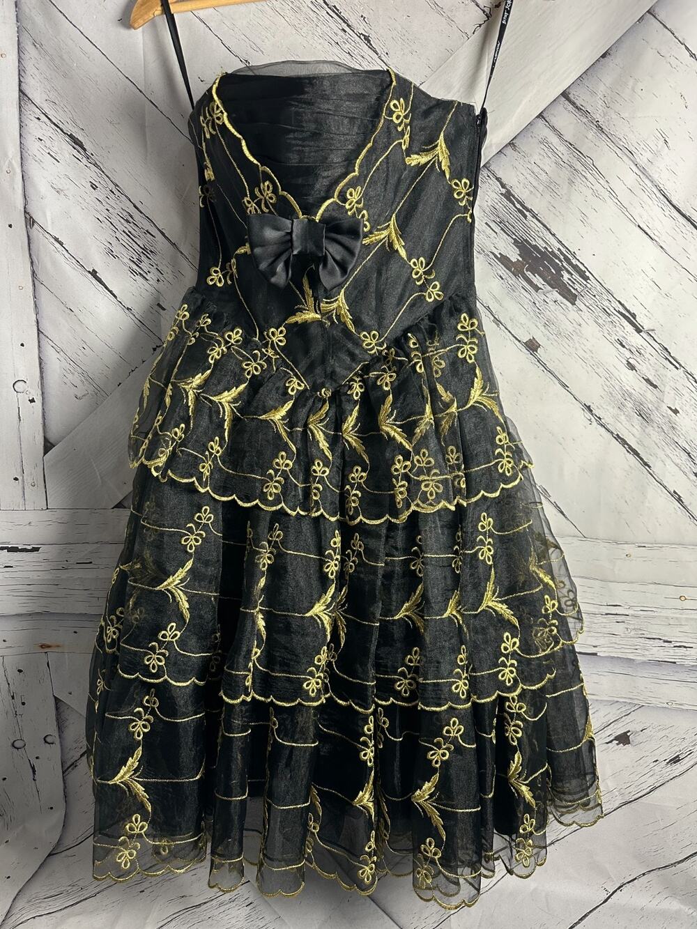 Vintage Betsey Johnson Fit & Flare Dress Women's Size 4 Black Gold Lined Tiered